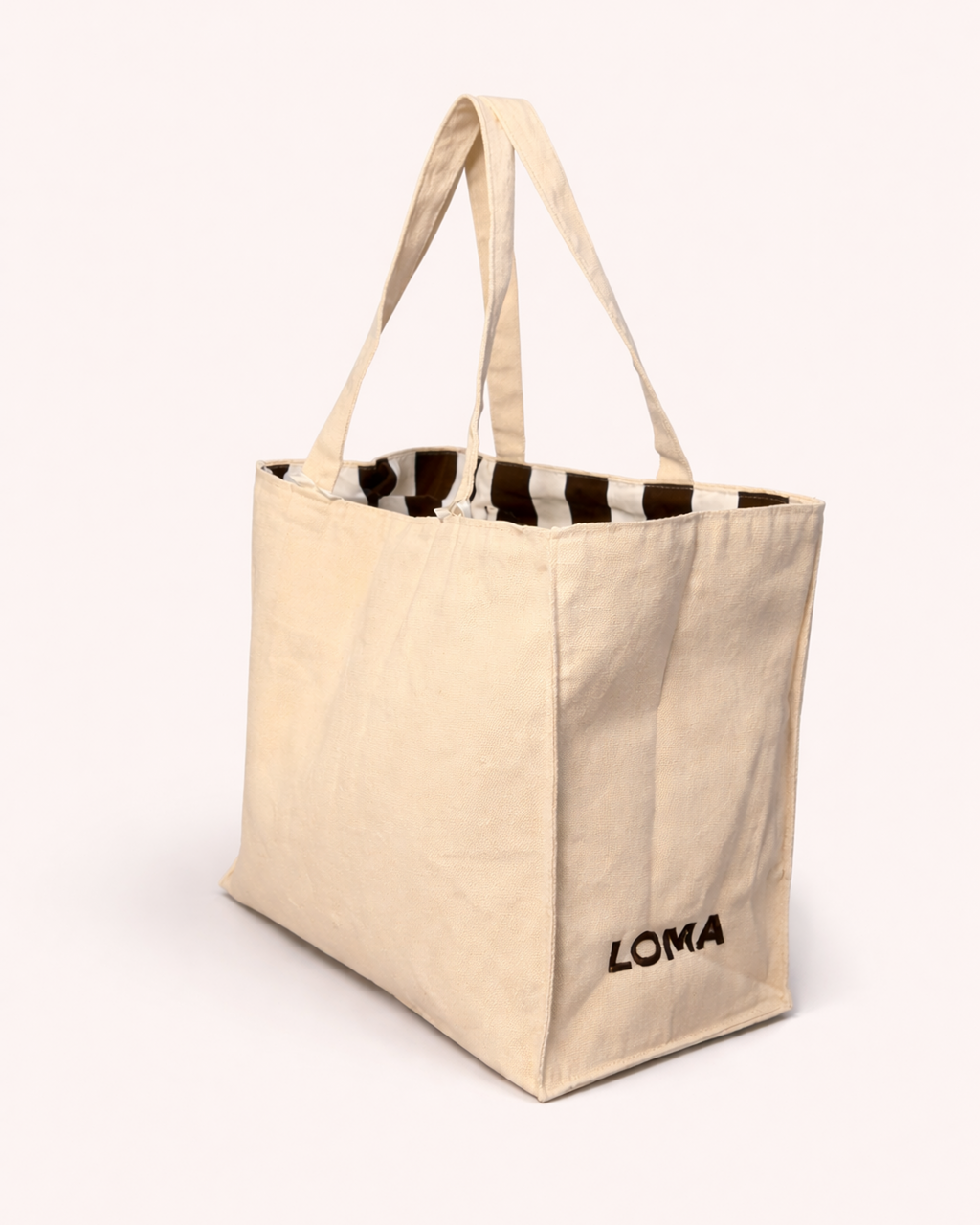 Cotton tote bag with striped interior side view