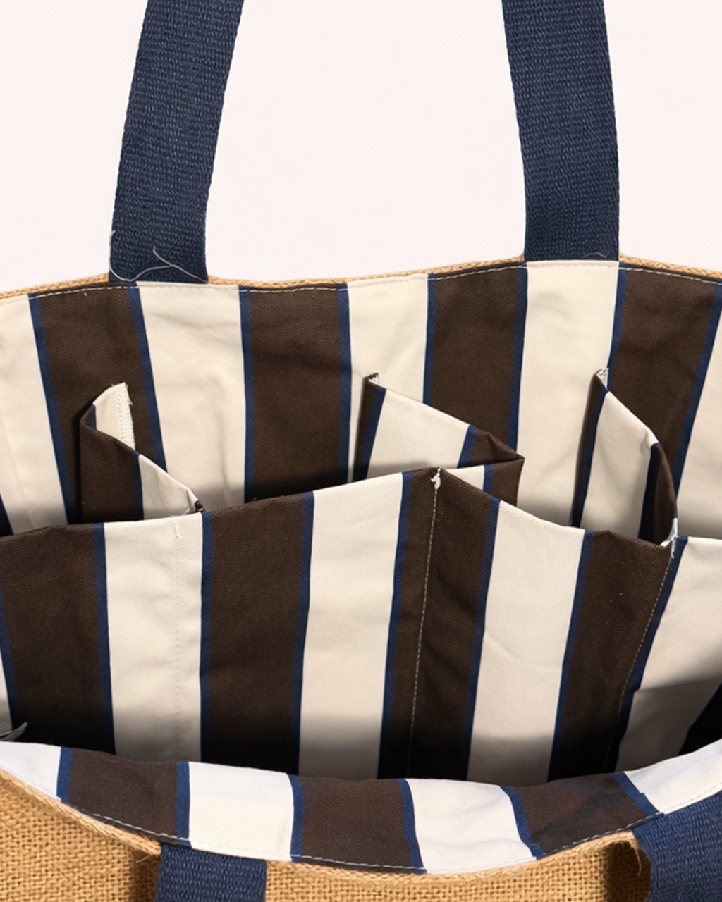 Jute tote bag with striped interior compartments front view