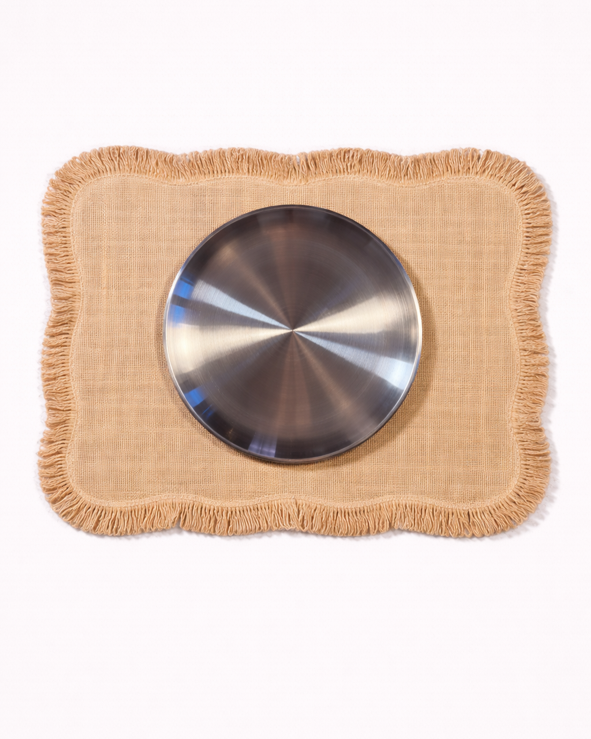 Natural jute placemat with chrome tableware front view
