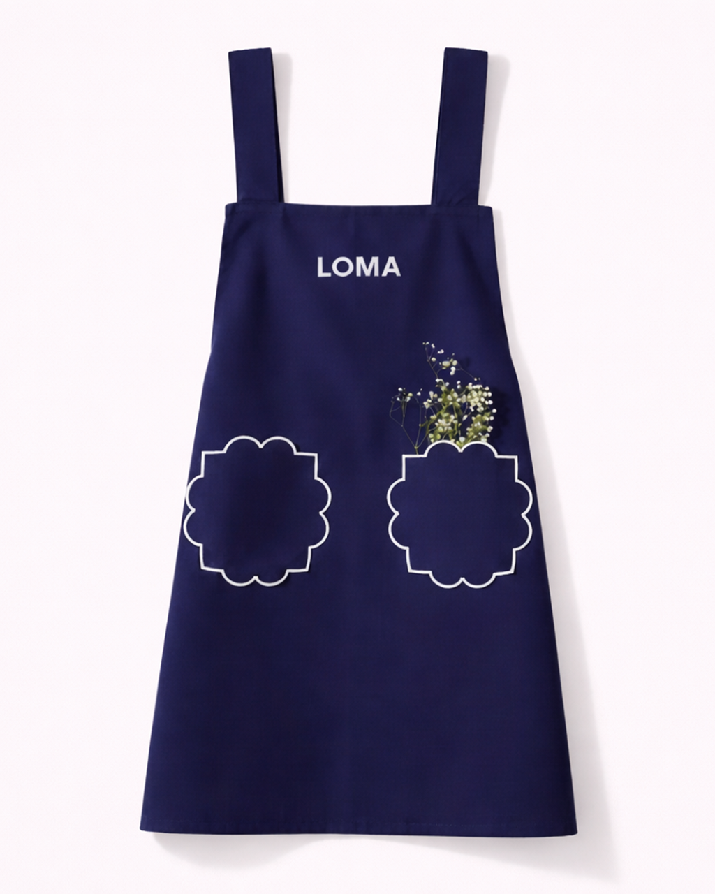Navy blue cotton apron with two pockets front view