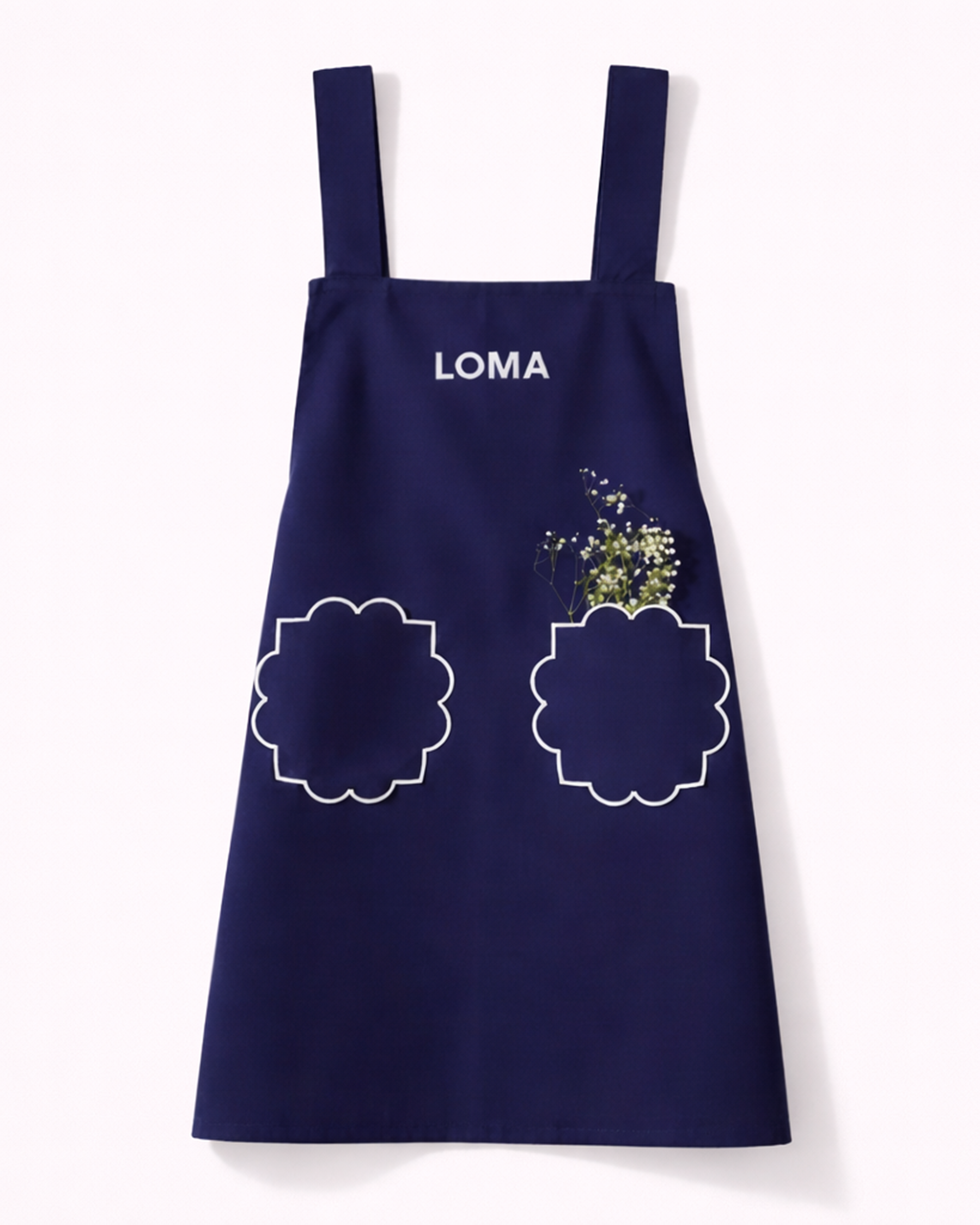 Navy blue cotton apron with two pockets front view