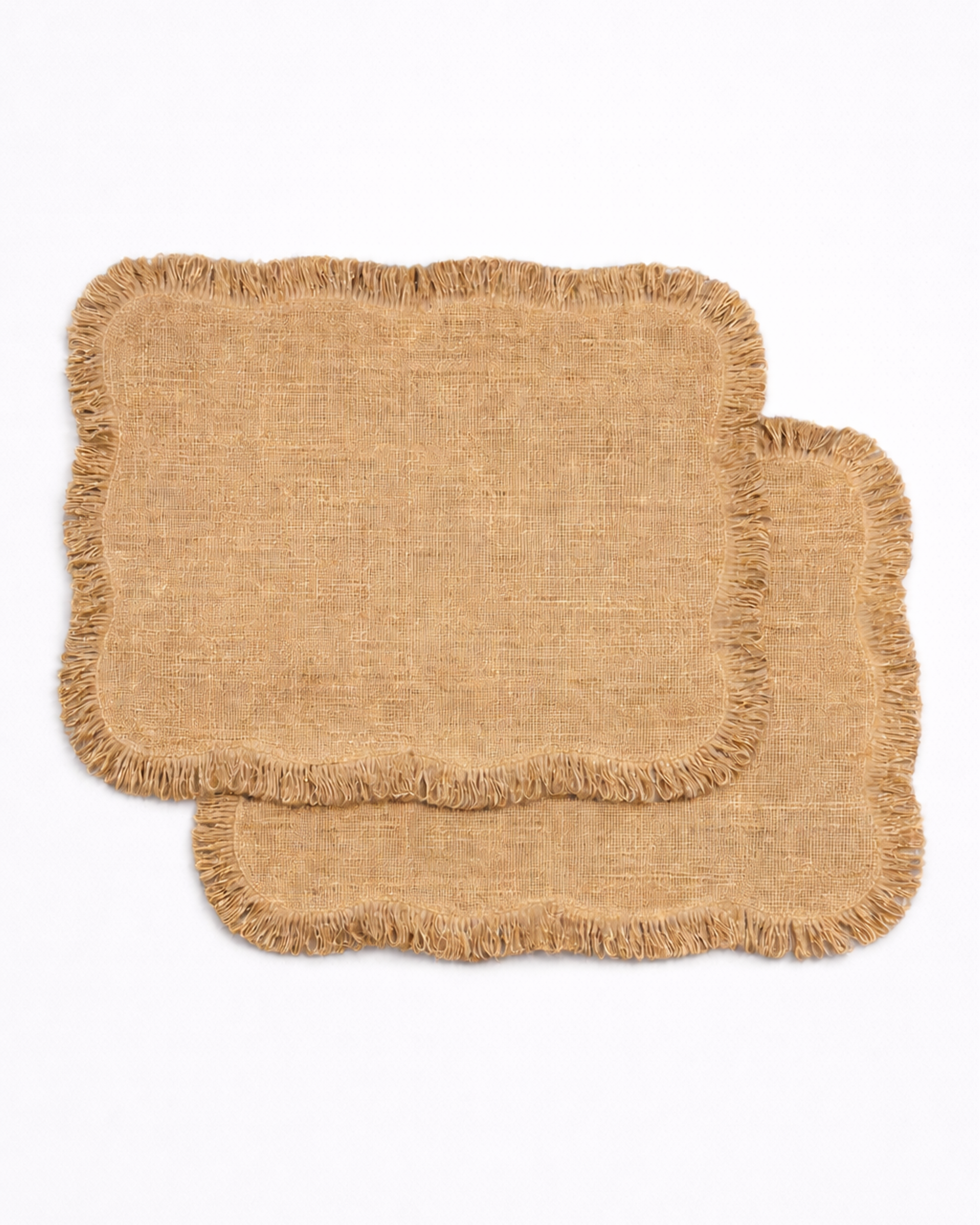 Set of two natural jute placemats with frayed edges front view