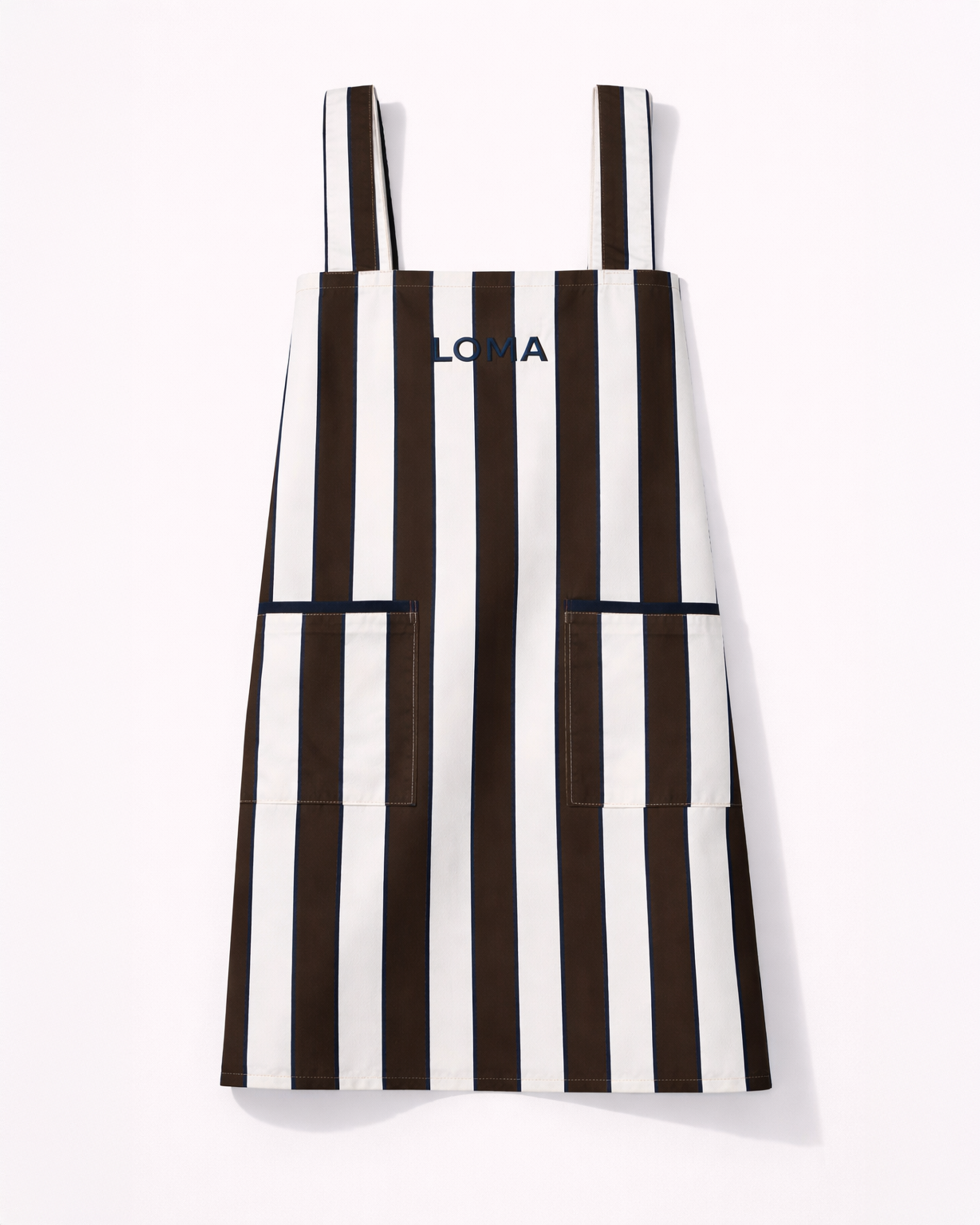 Striped cotton apron in chocolate brown and white with two pockets front view
